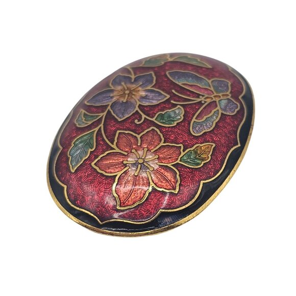 Cloisonné Red/Purple Floral Enamel Gold-Tone Oval Tie-Belt Clip Accessory - Picture 2 of 7
